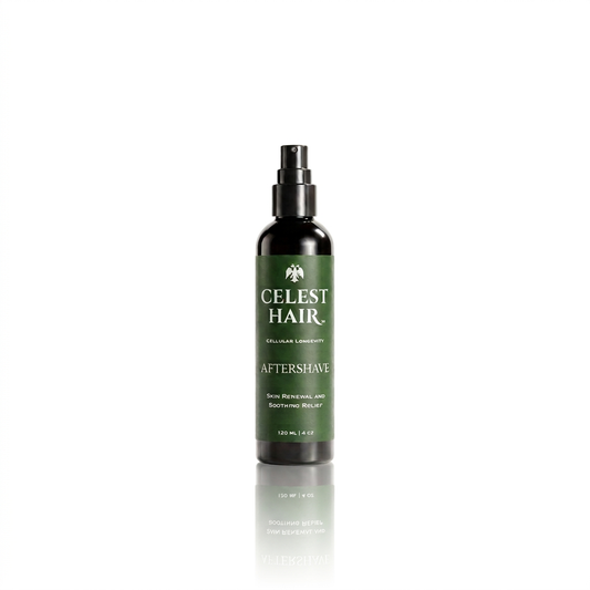 Celest Hair Aftershave bottle on a pure white background with reflection